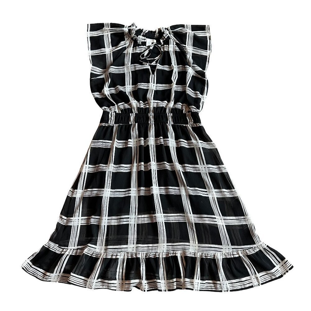 London Times Black White Square Checker Print Chiffon Fit N Flare Size 6 Women's